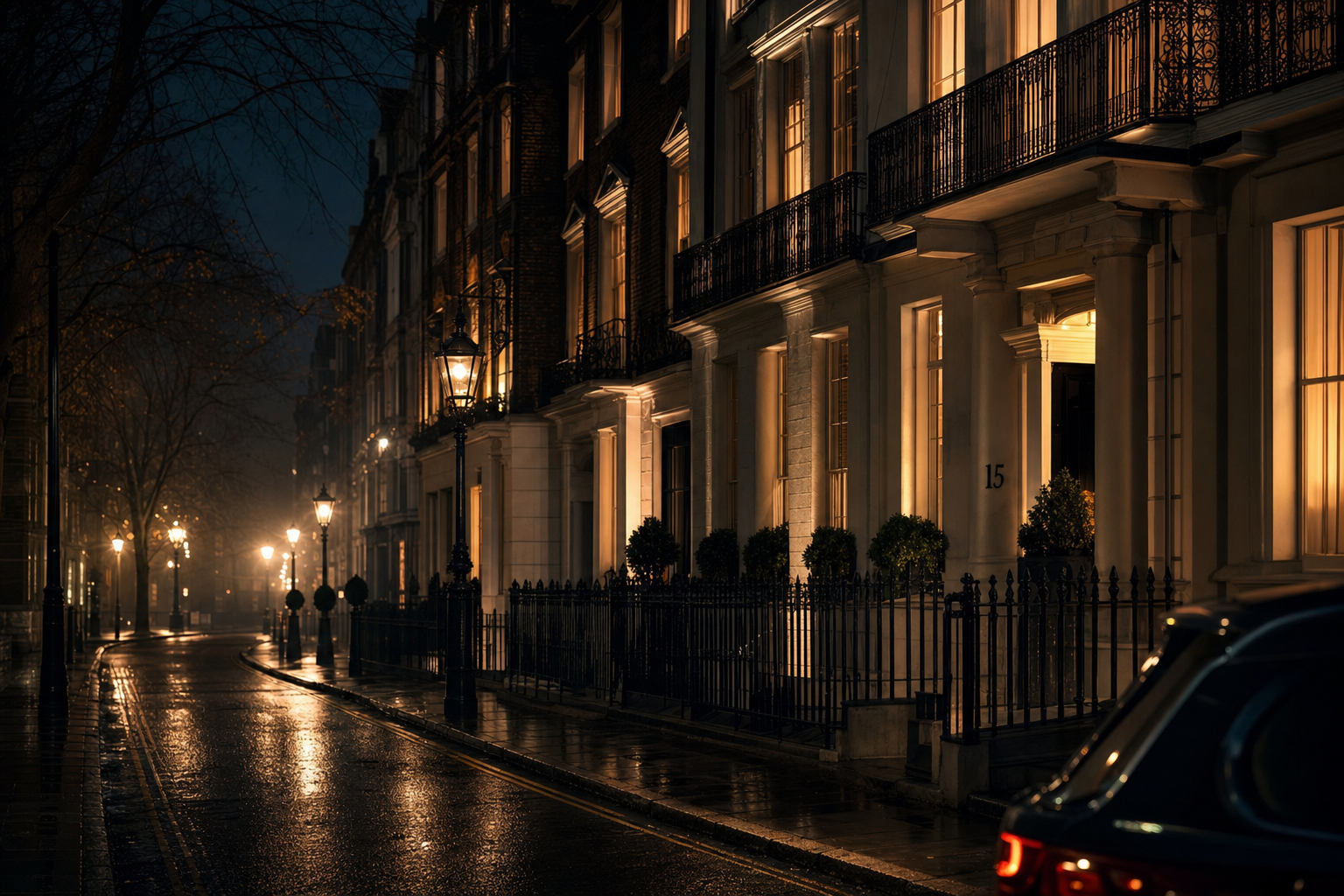 A Prime Central London street glowing softly at night