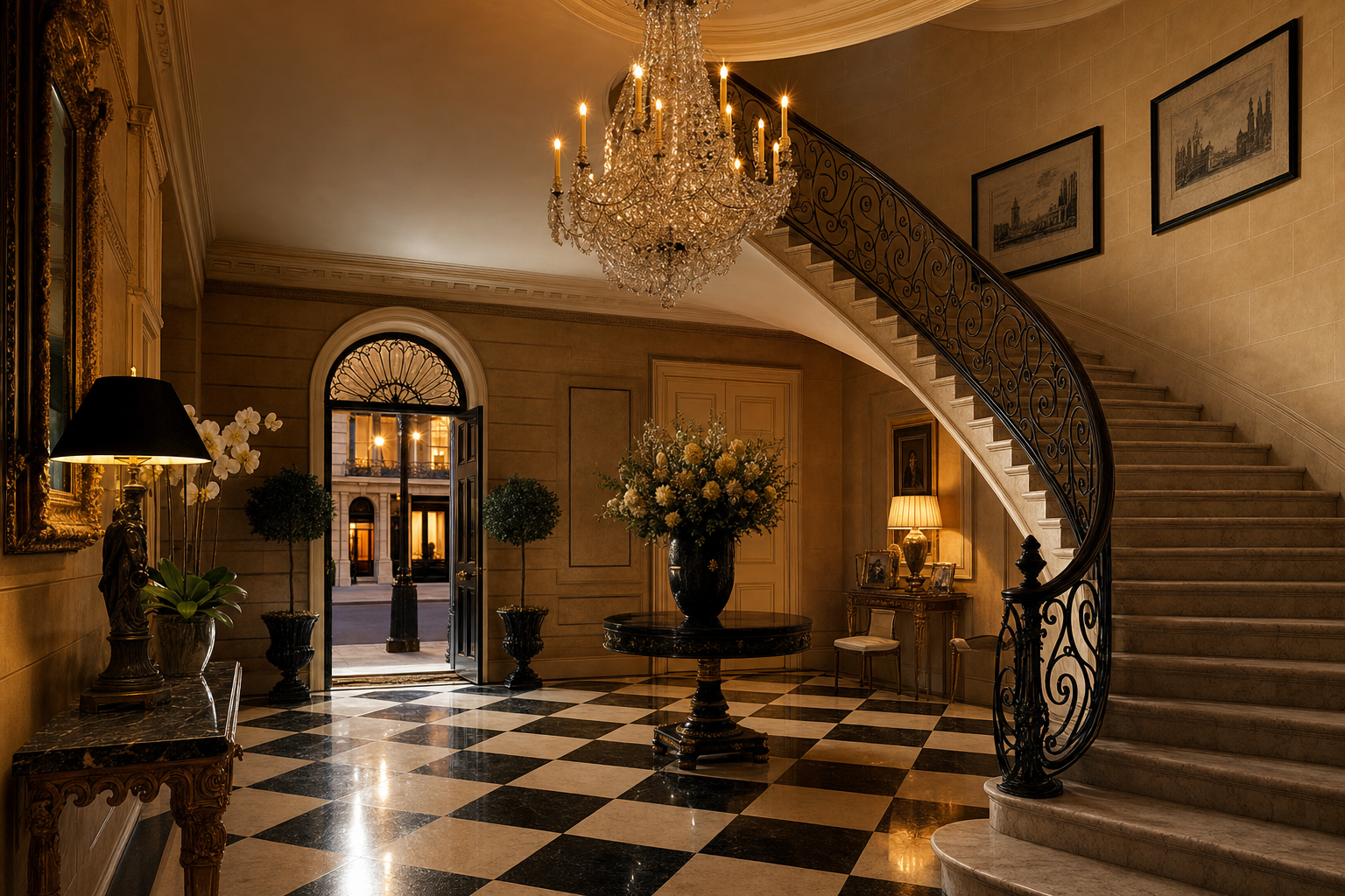 A grand marble entrance hall with a sweeping staircase and crystal chandelier