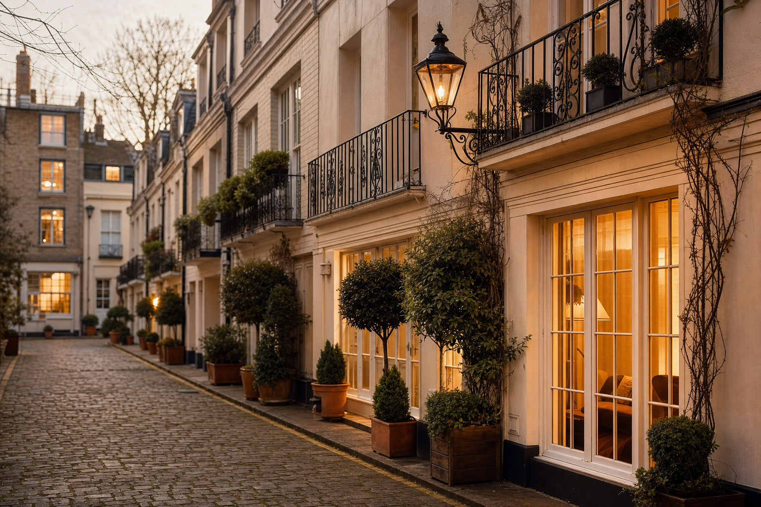 A cobbled Belgravia mews street lined with lantern-lit townhouses at dusk