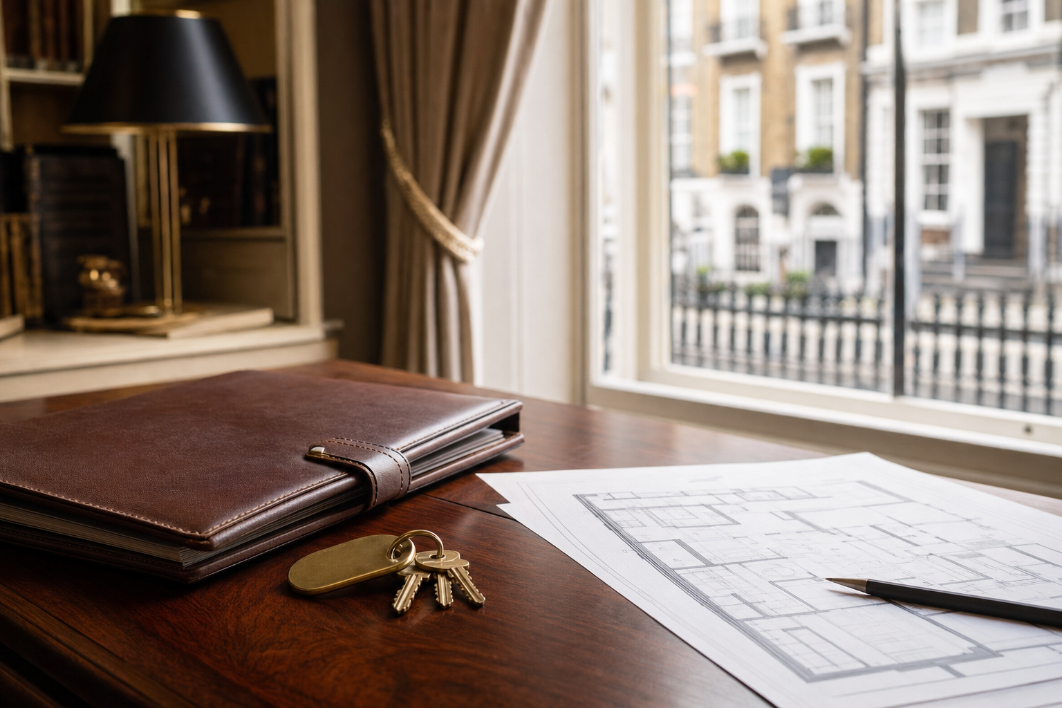 Leather portfolio, brass-fobbed keys and architectural plans on a desk overlooking a London townhouse street