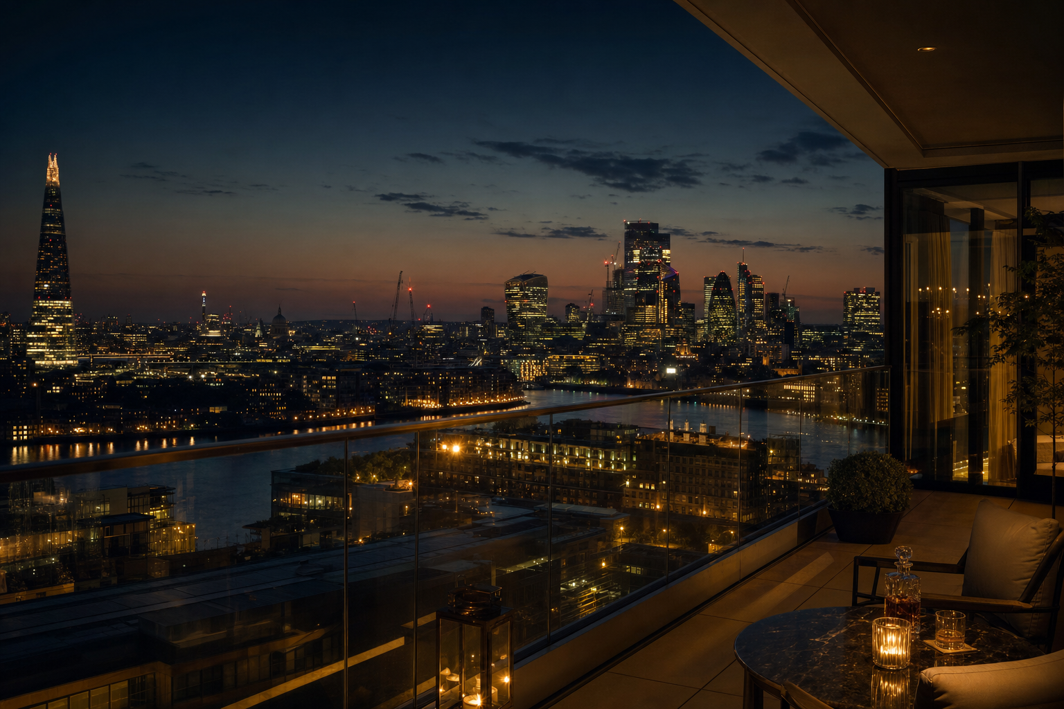 London skyline glowing at dusk, seen from a private residence terrace